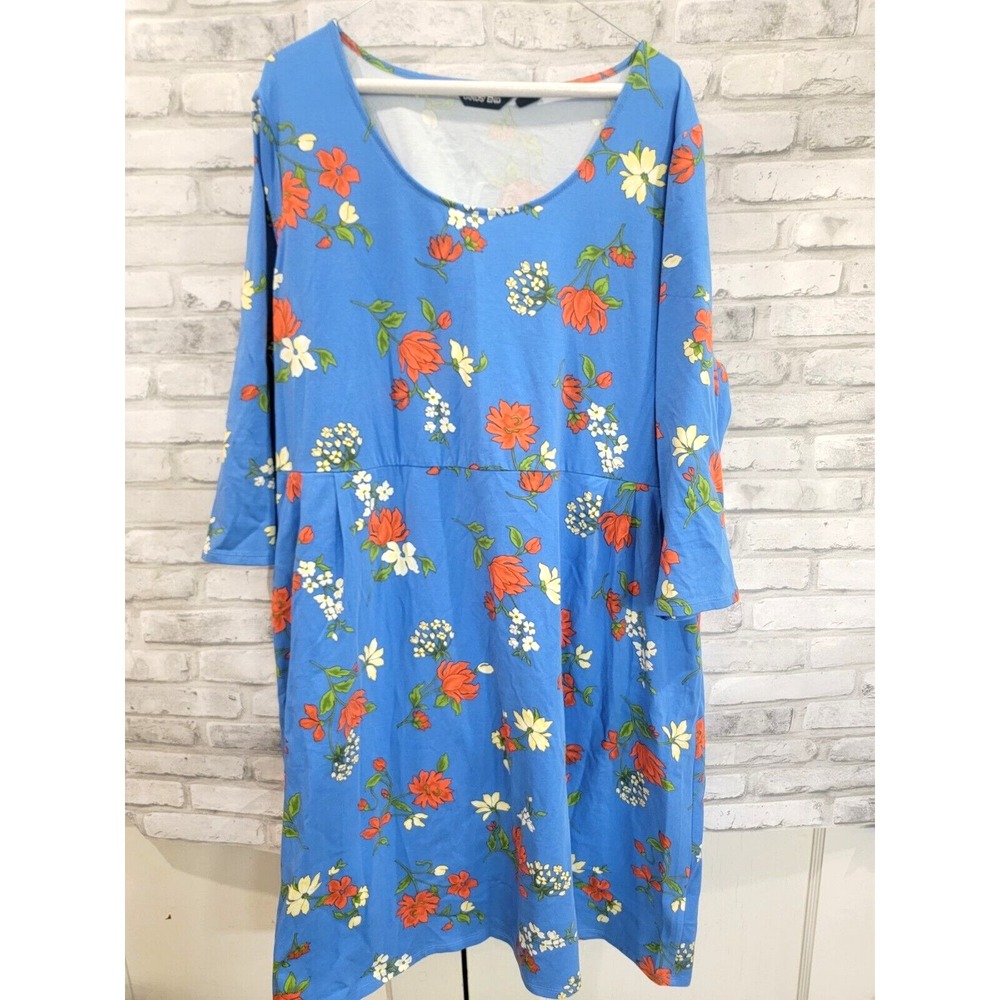 Lands' End Blue Red Floral Plus Size 2X Knee Length Pull On Dress 3/4" 2 pockets